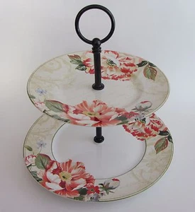 222 FIFTH RAWLINGS 2 Tier Round Fruit Appetizer Tray Server FLORAL & SCRIPT NEW - Picture 1 of 4