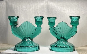 Pair of Jeanette Ultramarine Swirl Double Green Candlestick Candle Holders Fan - Picture 1 of 10
