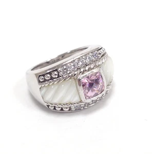 Judith Ripka Sterling Silver Scalloped Mother of Pearl Pink & White CZ Ring Sz 6 - Picture 1 of 9