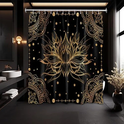 Lotus Black and Gold Shower Curtain, Zen Spiritual Shower Curtains for  - Image 1 of 4