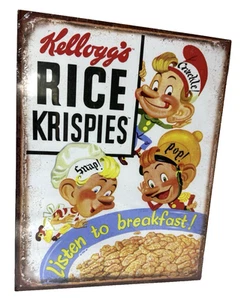 Insegna di latta Kellogg's Rice Krispies Snap Crackle Pop decorazione 12,5" x 16" Made in USA - Foto 1 di 3
