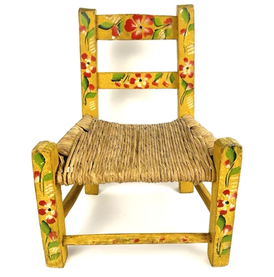 Silla de asiento Rush tejida pintada a mano vintage pequeña floral estilo mexicano arte popular Foto 1 de 4