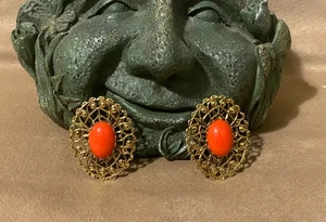 Vintage Circa 70s Gold Hair Clip Orange Tangerine Plastic Cabochon - Picture 1 of 2