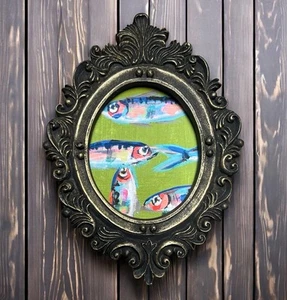 Colorful Sardines watercolor fish print in mini vintage style ornate frame - Picture 1 of 4