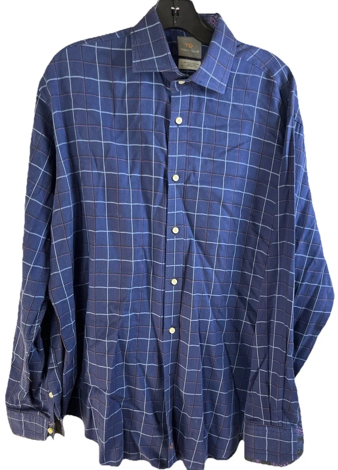 Thomas Dean Dress Shirt Men’s Size Large Flip Cuff  Blue Plaid Checkered - Image 1 of 4