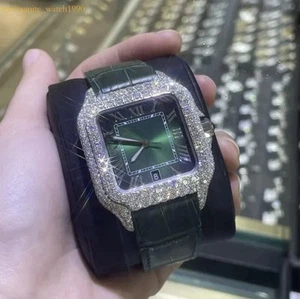 Luxury Green Square Dial Watch Iced Style Quartz Men’s Fashion Timepiece - Picture 1 of 5
