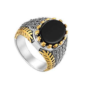 Retro Style Black Agate Inlaid Silver Tone Band Ring Men's Valentine's Day Gift
