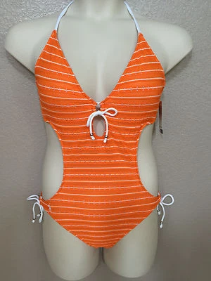 (NUEVO CON ETIQUETAS) Ralph Lauren Naranja Sexy Ojales Rayas Monokini Traje de Baño Tallas S o L Foto 1 de 4