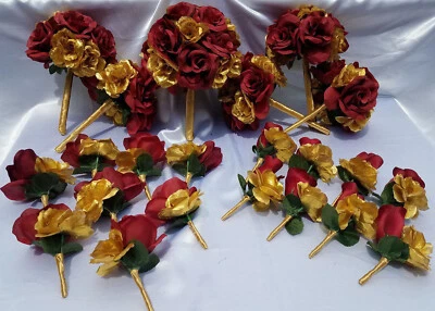 22 PC, Wedding Bouquet Set, Burgandy & Gold Roses, Wedding Flower Packages - Image 1 of 4