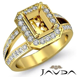 Emerald Semi Mount Halo Pave Set Diamond Engagement Ring 18k Yellow Gold 0.6Ctw - Picture 1 of 6