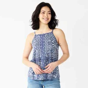 Camiseta sin mangas azul bandana hippie años 70 boho talla L cuello cuadrado camisola Sonoma nueva - Imagen 1 de 1