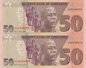 ๐ฟ๐ผ Zimbabwe, $ 50 Dollari, 2020, UNC, p105, (Totale 2 Banconote), Numero di Serie - Foto 1 di 2