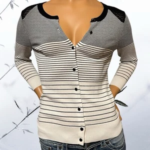Cato Y2K Cardigan Style Striped Sweater Black White Lace Shoulder Detail Small - Picture 1 of 4