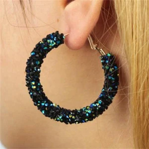 Crystal Hoop Earrings Glass Rhinestone Sparkly Hoops Silver Tone Huge Round KS - Picture 1 of 15
