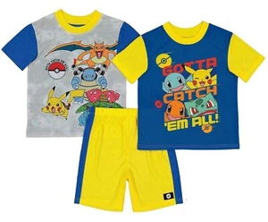 3 Piece Pokemon Pajamas T Shirt Shorts 2 Sets Pikachu Boys 6 8 10 12 Charizard - Picture 1 of 4