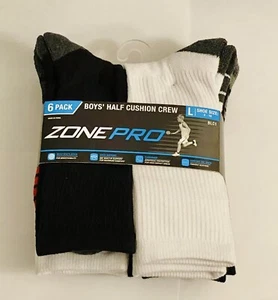 6 Pair Zone Pro Boys' Half Cushion Crew size L (shoe size 4-10) - Picture 1 of 3