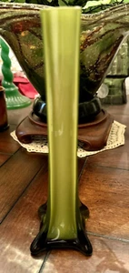 Vintage Lime Green Cased White Square Base Stretch Glass Bud Vase 8" - Picture 1 of 7