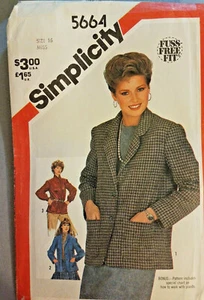 Simplicity 5664 Unlined JACKETS size 16 bust 38 fabric pattern 1982 UnCut FF - Picture 1 of 7