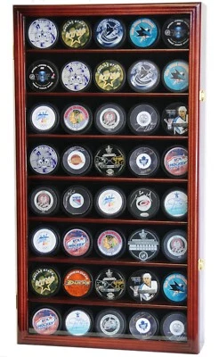CHIBURASHKA3 Hockey Puck Display Case 40 Cherry Wood Holder Cabinet Wall Baseball Shadow Box