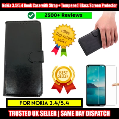 Nokia 3.4/5.4 Black Book Flip Case with Strap + Tempered glass Screen Protector - Image 1 of 4