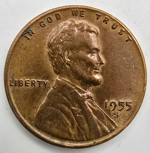 1955 S Wheat Cent Die Chips Reverse AU RB Die Break Mint Error Penny Type Coin - Picture 1 of 7