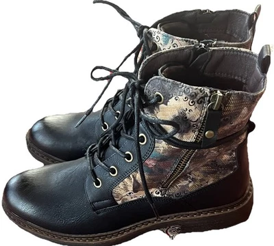 Patrizia by Spring Step Romilly Black Design Leather Lace-Up Ankle Granny Boots - Image 1 of 4