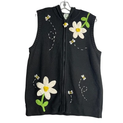 Quacker Factory Sweater Vest Womens L Black Flower Bumble Bee Hooded Teacher - Image 1 of 4