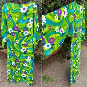 Vintage Colorful Acrylic Dress Hawaiian Mod Psychelic Tiki Aloha Maxi - Picture 1 of 24