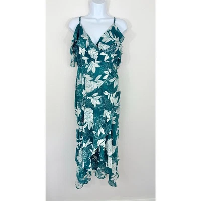 Bardot Green Floral Ruffle Maxi Dress Women’s Sz 6 Small Lined Asymmetrical Hem - Image 1 of 4
