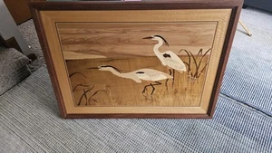 HUDSON RIVER INLAY PICTURE WOOD MARQUETRY by NELSON 38 X 28 Shore Birds Herons - Picture 1 of 6