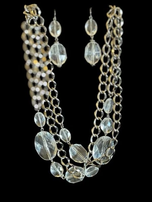 Cookie Lee Clear Lucite Earring Necklace Set Gun Metal Gray Curb Chain Multi Str - Image 1 of 4