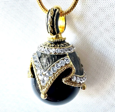 Sterling Silver Black Onyx Faberge Egg Pendant Swarovski Crystals Enamel Gold - Image 1 of 4