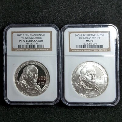 2 Coin Set 2006 P Ben Franklin $1 NGC PF 70 Ultra Cameo MS 70 Founding Father... - Image 1 of 4