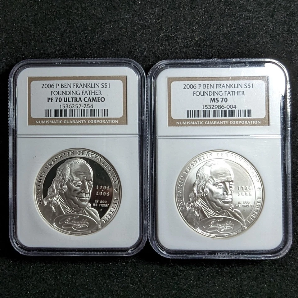 2 Coin Set 2006 P Ben Franklin $1 NGC PF 70 Ultra Cameo MS 70 Founding Father... - Image 1 of 4