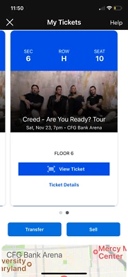 2 Floor Tickets to Tonight's Creed Concert!  11/23/24 at CFG Arena in Baltimore. - Image 1 of 2