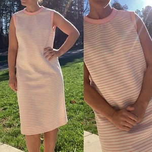 Vintage lady Carol 70s white salmon pink striped polyester shift dress - Picture 1 of 6