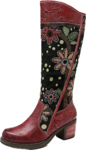 Women’s Red Floral Fabric Knee High Zip Mid Calf Boots Size EU38 US 7 New in Box - Picture 1 of 12