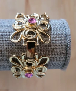 Vintage rosa Strass goldfarben Blumen Box Kette Gliederarmband 7,5" - Bild 1 von 15