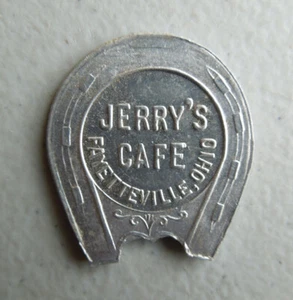 JERRY'S CAFE Fayetteville Ohio Old Vintage 5 Cent Aluminum Horseshoe Trade TOKEN - Picture 1 of 3