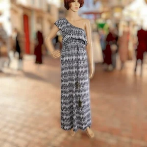 New Directions Women L Peacock Feather Black & White One Shoulder  Maxi dress - Picture 1 of 6