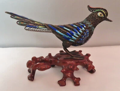 Antigua estatuilla de pájaro azul de filigrana y esmalte hecha a mano en soporte Foto 1 de 4