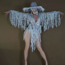 Sparkly Sequin Fringe Silver Bodysuit for Women Dancer Celebrate Outfit Prom