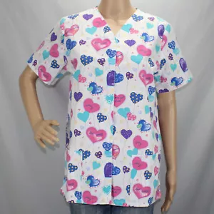 Simply Basic Short Sleeve Scrub Top Small Multi-Color Heart Balloons Side Slits - Picture 1 of 12