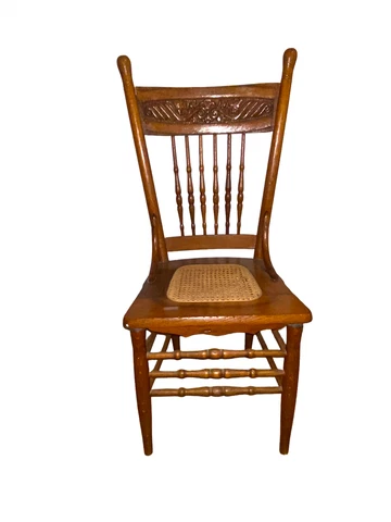 Antique High Back Solid Oak Carved Flowers in Wood Dining Chair w/ Cane Seat Cover