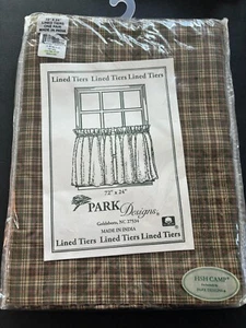 Vintage Country Park Design Green Tan Cafe Tiers 24" Curtains Cottage Fish Camp - Picture 1 of 9