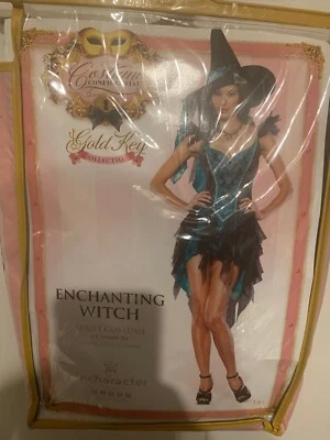 NUEVO SIN ETIQUETAS Sexy Encantador Disfraz de Bruja Encantada Negro Verde azulado Adulto Talla L Vestido Sombrero Foto 1 de 4