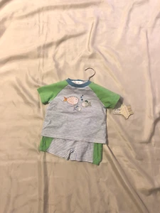 Nursery Rhyme: Boy's 2-Piece Short Sleeve/Leg Set: Blu/Green/Whte Stripe, 3/6M - Picture 1 of 4