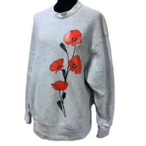 Hand Printed Upcycled XL Red Poppy Flower PolyCotton Long Sleeve Sweatshirt - Picture 1 of 3