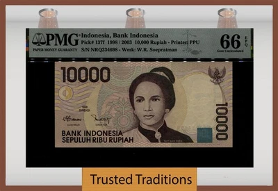 TT PK 137f 1998/2003 ИНДОНЕЗИЯ 10000 РУПИЙ PMG 66 EPQ ДРАГОЦЕННЫЙ КАМЕНЬ НЕ БЫВШИЙ В ОБРАЩЕНИИ - Изображение 1 из 2
