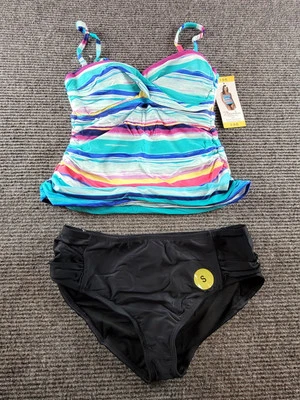 Terno de banho feminino novo com etiquetas 2 BAMBOO azul turquesa listrado rosa regata P 6-8 - Imagem 1 de 4